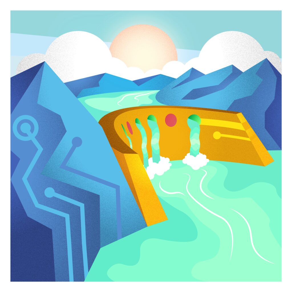 A dam controlling information flow, illustrating controlled digital change