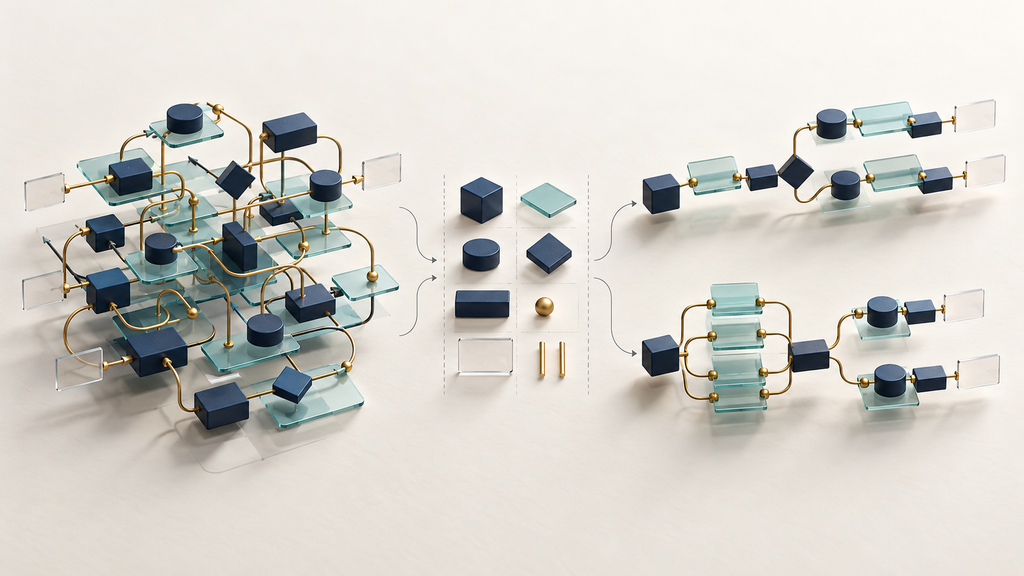 A complex process separated into foundational parts and rebuilt into simpler alternatives